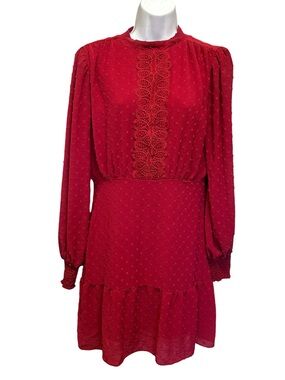 BCBG Paris Red Chenille Dot Lace Front High Neck Dress Size S